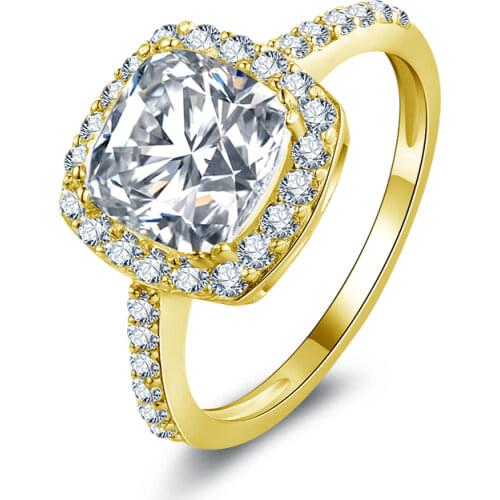 QYI 14K Solid Yellow Gold Halo Rings Princess Cut Sona Simulated Diamond Wedding Engagement Ring For Women