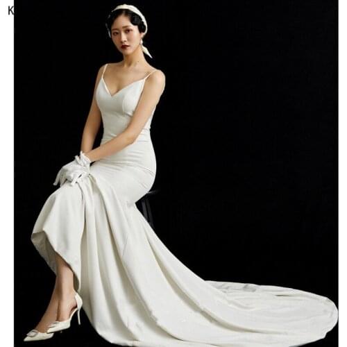 KAUNISSINA Romantic Mermaid Wedding Dresses V-Neck Spaghetti Straps Sweep Train Long Bridal Dress Backless Sexy Vestido De Noiva