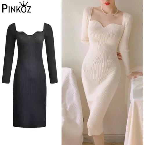 Pinkoz designer heart love v-neck full sleeve knitting midi dresses white bodycon slimy spring autumn party dresses women lady