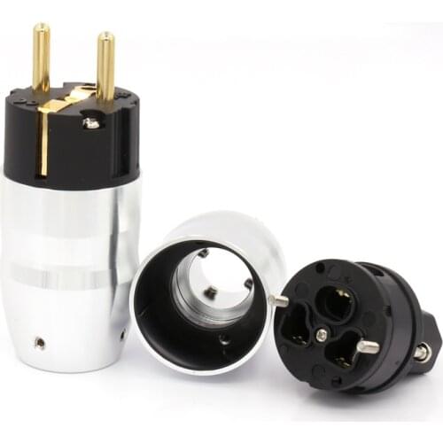 1Pair Gold Plated Schuko Power Plug+IEC Female Connector Audiophile Mains Power Cable Plug