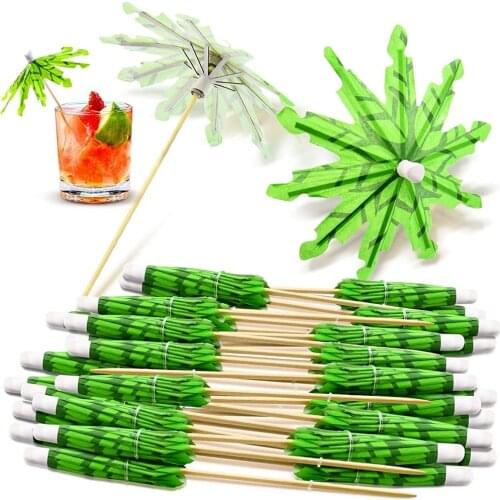100 Pcs Green Tropical Coconut Palm Tree Toothpicks Paper HaUmbrellas Bamboo Toothpicks Parasol Sticks for Cocktail Decorations