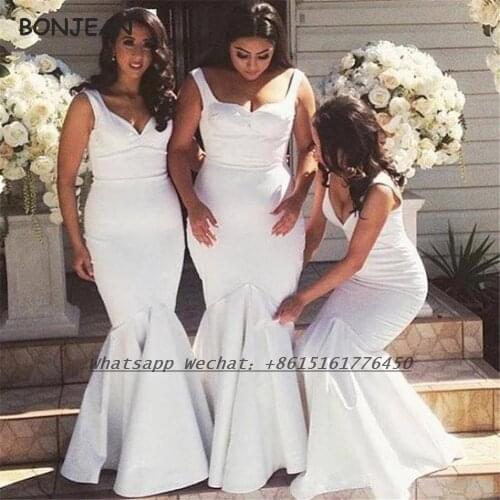 White Bridesmaid Dresses 2021 V Neck Lace Up Floor Length Elastic Satin African Bridesmaid Dress Plus Size for Women Wedding