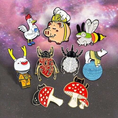Cute Animal Brooches Organ Beetle Mushroom cat Chicken Cock Polar bear Dragonfly Frog Bee Deer Pig Zoo Enamel Pin Jewelry Gift
