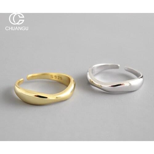 CHUANGU 100% 925 Sterling Silver Open Ring for Women INS Minimalist Irregular Wave Pattern Gold Color Jewelry Bijoux Birthday