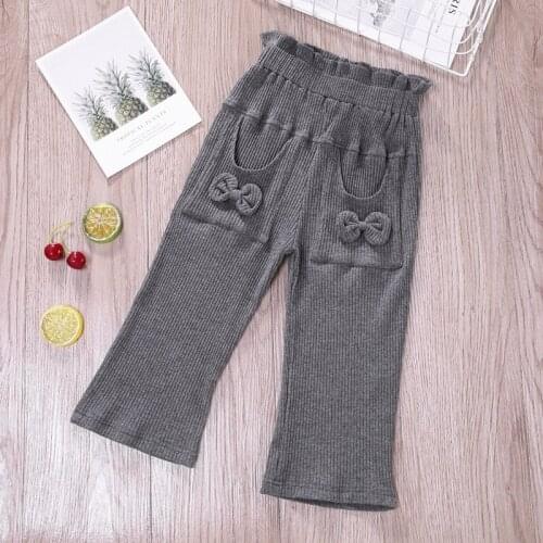 Spring Autumn Girl Pants Solid Color Bowknot Ruffles Elastic Waist Children Clothes