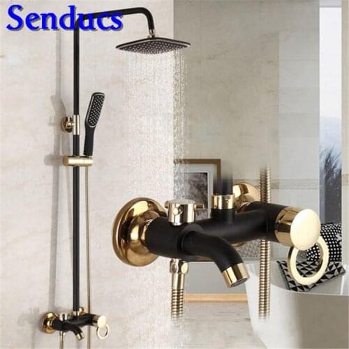 Senducs Black Gold Shower System Fashion Black Gold Bathroom Shower Faucet Inwall Mounted Rainfall Bath Shower Set