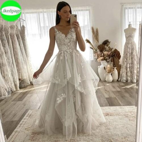 Elegant Wedding Dress 2021 Robe Mariage A-Line V-Neck Lace Appliques Sequins Tulle Backless Bride Gown Vestidos De Noiva Boda
