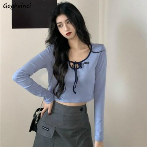 T-shirts Women Crop Solid Bows Long Sleeve Korean Style Vintage Sexy Fitness Slim Elastic Summer Hip Hop Aesthetic Design Tops