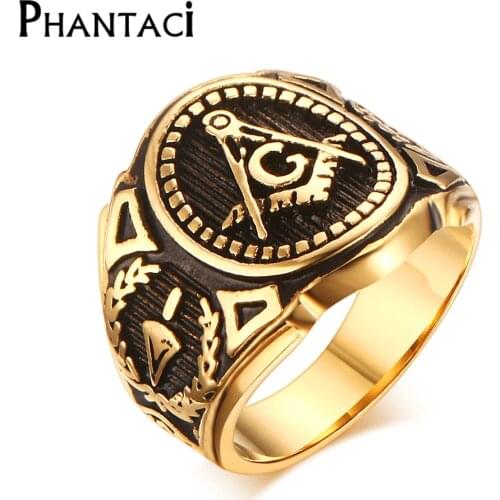 2019 Hot Vintage 316L Stainless Steel Men Ring Gold Free Mason Freemasonry Masonic Male Retro Punk Black Brand Ring Jewelry