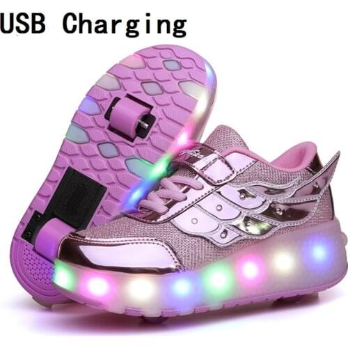 Children One Two Wheels Luminous Glowing Sneakers Gold Pink Led Light Roller Skate Shoes Kids Led Shoes Boys Girls USB Charging
