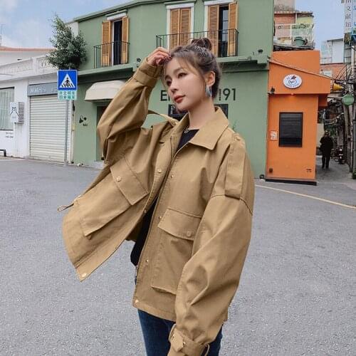 Oversize Khaki Cargo Jacket Spring Autumn Clothes Women Streetwear Hip Hop Loose Casual Big Pockets Zipper Coat Outerwear 8801
