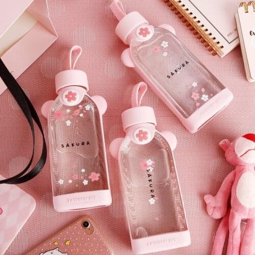 Summer Creative Cup Korea Pink Couple Gift Portable Student Bottle Cute Cartoon Silicone Glass Water Cherry Blossom Pattern Mug