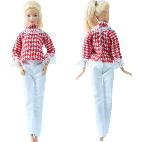 BJDBUS Fashion Doll Outfit Red Blouse White Trousers Daily Warm Wear Winter Long Sleeves Lattice Clothes for Barbie Doll Toys