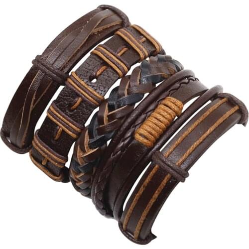 Brown 5pcs/set Combination Wrap Fashion Alloy Vintage Bangle Genuine Leather Bracelets Men Women Jewelry Accessories