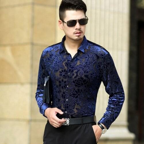 2016 Mens Autumn Fashion Velvet Shirt Sexy Hollow Out Floral Gold Velvet Dress Shirts for Man
