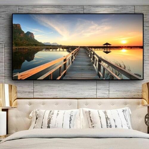 100X200cm Sunsets Bridge Wooden Landscape Posters and Prints Canvas Painting Cuadros Scandinavian Wall Picture for Living Room