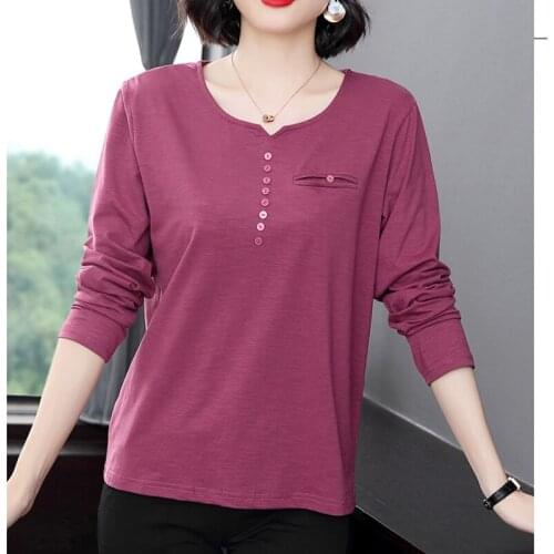 Solid Woman Top T Shirt Chic Button Cotton V-Neck Long Sleeve Womens T-shirt 2021 Spring Autumn Casual Plus Size Women Clothing