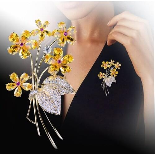 OKILY Delicate Yellow Zircon Flower Brooches Fashion Plant Bouquet Brooch Pin Suit Accessories for Women Wedding Dress Ornament