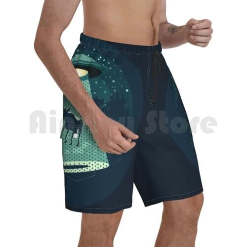 Beware Ufo Beach Shorts Men Beach Pants Swim Trunks Vector Retro Silhouette Cartoon Technology Object Spaceship Ufo