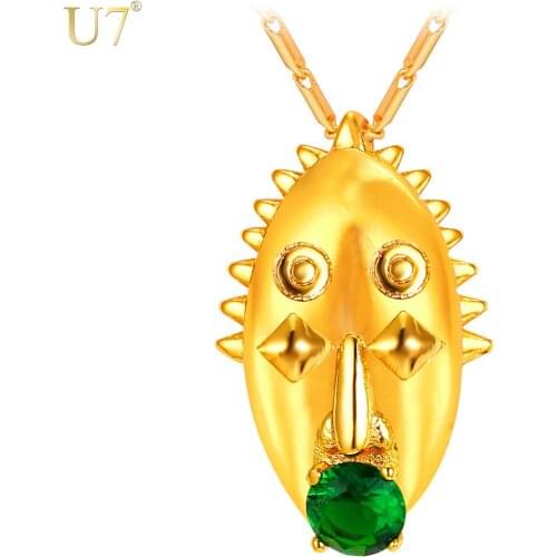 U7 Carving Mask Jewelry Pendants & Necklaces Gold Color Green Crystal Papua New Guinea Jewelry For Women Trendy P894