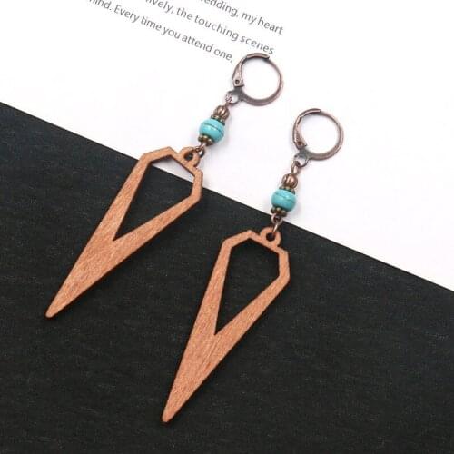 Vintage Wood Triangle Hoop Earrings with Pendants for Women Ethnic Bohemia Stone Beads Drop Ear Cuff Earrings Hoop