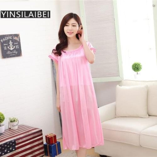 YINSILAIBEI Lady Summer Ice Silk Satin Nightgowns Plus Size Long Night Dress Sleepwear For Women Homewear Candy Colors SR045#10