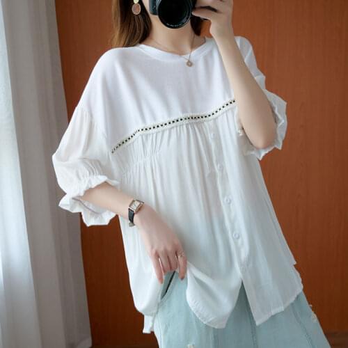 Chiffon Blouses Women Casual Shirt Loose Oversize Summer Patchwork Office Ladies Elegant Chic O-Neck Short Sleeve Button Tops