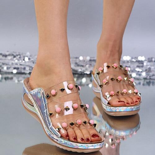 Women Rivet Transparent Slippers Female Summer Platform Wedges Fashion Slides Ladies Casual Outside Shoes Plus Size