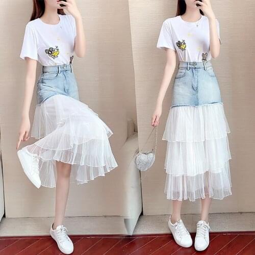 Skirt Suit Women 2021 New Summer Clothes Foreign Embroidered T-shirt Denim Stitching Mesh Skirt Two-piece A-line Skirt