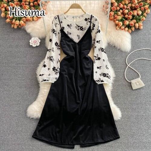 2021 autumn winter new women sling v-neck velvet A-line dress + lantern sleeve flower lace shirts blouse female two piece sets