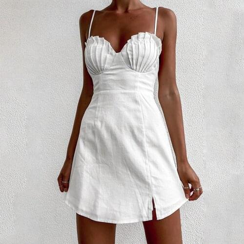 Ladys Solid Color One-piece Dress Sexy V-neck Chest Pleated Backless Slim Elastic Sling Skirt