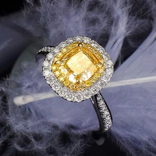 Yellow Moissanite Centre 1ct Cushion Ring Solid 18K White Gold Side Halo Round Moissanite Fine Gold Jewelry For Women
