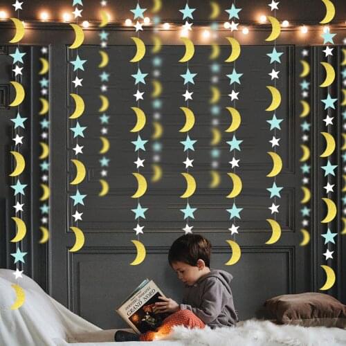 2M Long Moon Star Eid Ramadan Paper Garland String Banner Birthday Party Decoration Baby Shower Hanging Curtain Wedding Supplies