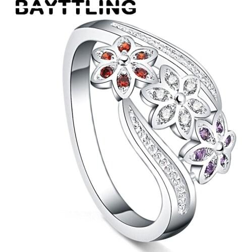 BAYTTLING 925 Sterling Silver Charm Colored Flowers 7#8#9# Ring For Woman Fashion Wedding Party Gift Jewelry