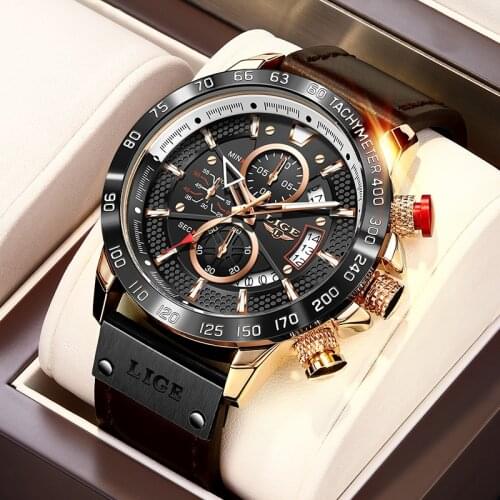 LIGE Men Watches Top Luxury Brand Waterproof Sport Wrist Watch Men Chronograph Quartz Military Genuine Leather Relogio Masculino
