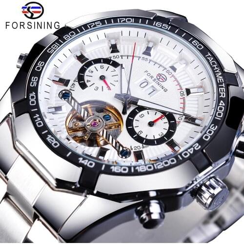 Forsining Fashion Machanical Watches Automatic Male Clock Stainless Steel 2 Dial Tourbillon Week Date Casual Mens Wrist Watch
