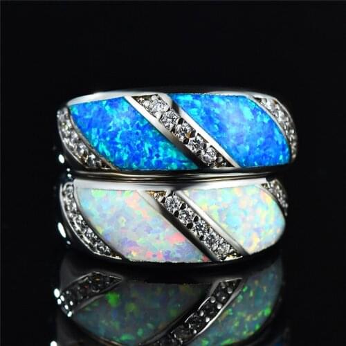 JUNXIN Boho Round White Blue Fire Opal Rings For Women Silver Color Zircon Charm Engagement Wedding Ring Jewelry