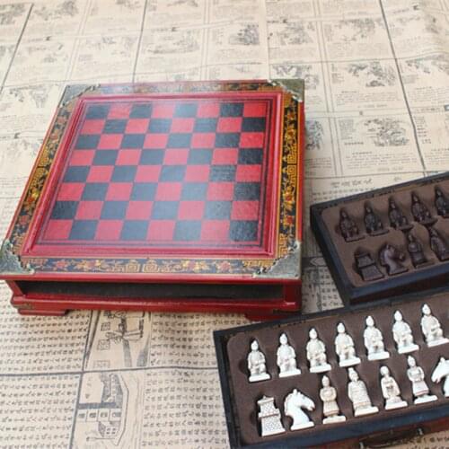Chinese Retro Wood Chess Terracotta Warriors Chess Wood Do old Carving Resin Chessman Christmas Birthday Premium Gift
