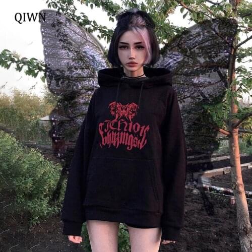 Korean Fashion Oversized Pullovers Lantern Sleeve Long Hoodies Women Goth Print E Girl Autumn Winter Sweatshirts Black