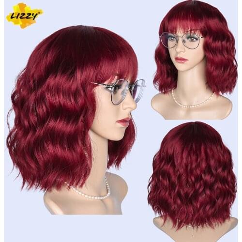 Short Wavy Bob Hair Wigs With Bangs For Black White Women Synthetic Black Red Halloween Cosplay Daily Wig Heat Resistant Lizzy
