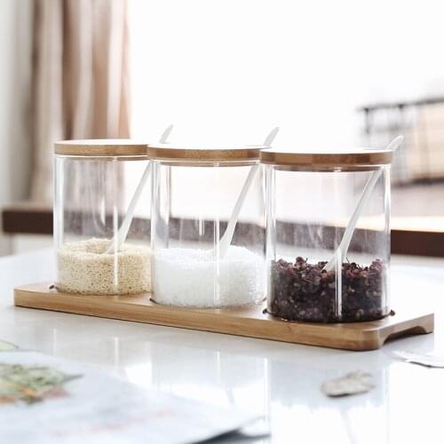 Kitchen Accessories 3pcs/set Japanese Style Glass Spice Jar Kit Seasoning Jar Salt Shaker Set With Cover Ceramic Spoon Seasoning