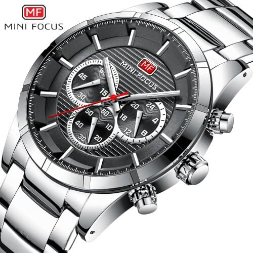 MINI FOCUS Top Brand Luxury Military Business Quartz Watch Men Stainless Steel Strap 3 Sub-dial 6 Hands Multifunction Wristwatch