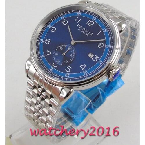 42mm PARNIS Blue Dial jubilee strap solid Date Automatic Mechanical mens Watch