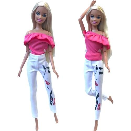 NK Newest Doll Word Shoulder Top White Embroidered Trousers Casual Clothing Fashion Top Skirt For Barbie Doll Girl Gift DZ