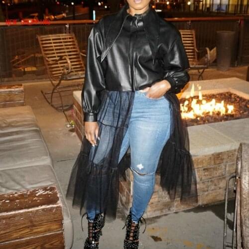 Sexy PU Faux Leather Jacket Long Sleeve Autumn Winter Women Fahsion Clothes Mesh Sheer Turn Down Collar Night Club Jackets NEW