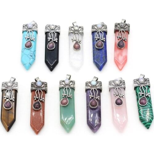 Natural Crystal Agates Pendant Lucky Stone Vintage Alloy Charms for Women Men Jewelry Making DIY Necklace Accessories 16x57mm