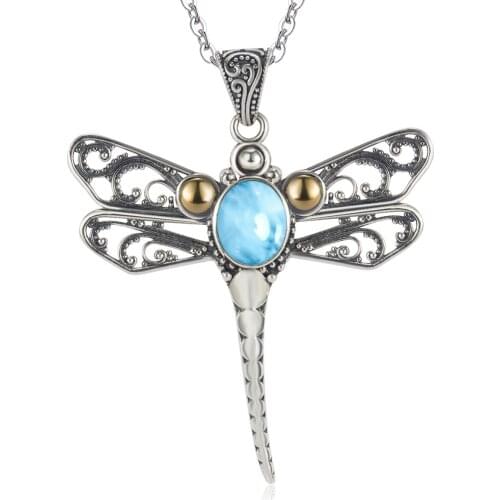 Antique S925 Sterling Silver Dragonfly Pendant Two Tone Plated Natural Larimar Pendant Necklace For Women Man Gift