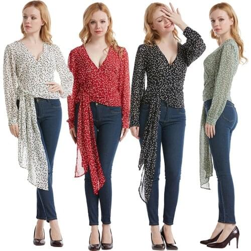 Plus size Women Shirt Fashion Sexy V Neck Heart Print Waist Lace Up Long Sleeve female mini Shirt Blouse short Top