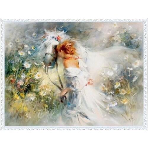 Needlework for Embroidery DIY Aida Flowers Girl and Horse Cross Stitch Kits 14CT Counted Unprinted Oil painting Home Decor Arts