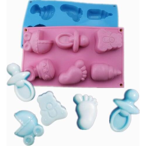 6 Cells Baby Feet and Toys Silicone Molds 3D Chocolate Sugar Candy Jelly Moulds Cupcake Party Fondant Cake Decor Tools